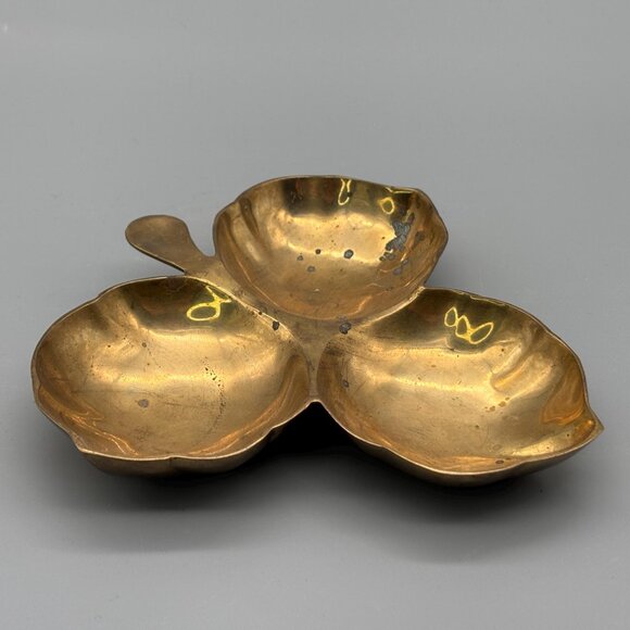 Vintage Brass Leaf Divided Dish Three-Section Nut Bowl Decorative Serving Piece - Picture 3 of 6